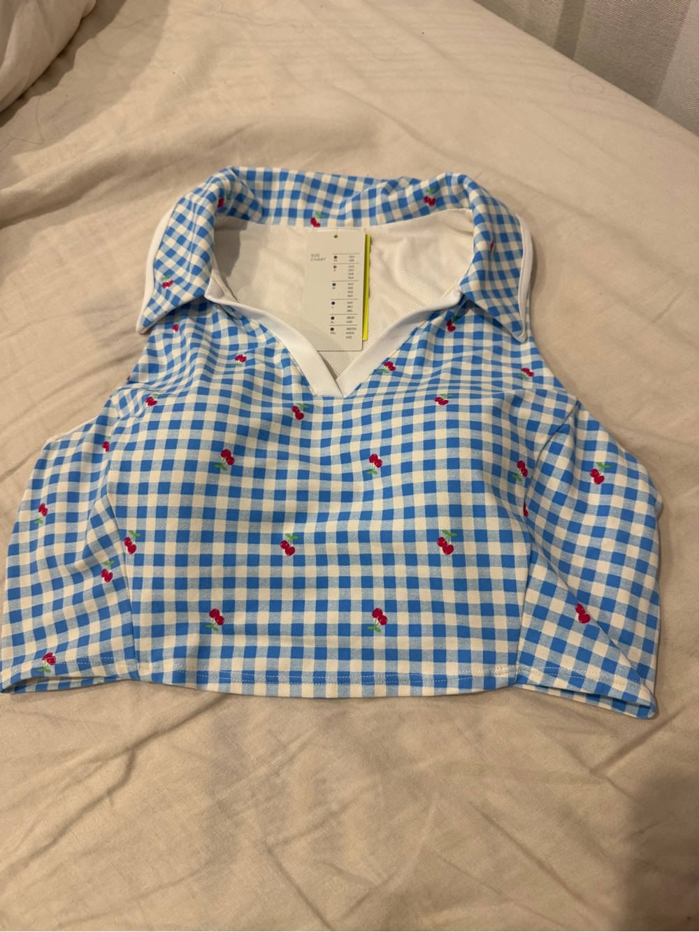 all in motion Blue Gingham women’s Collared Crop Top with Red Cherry size M NWT